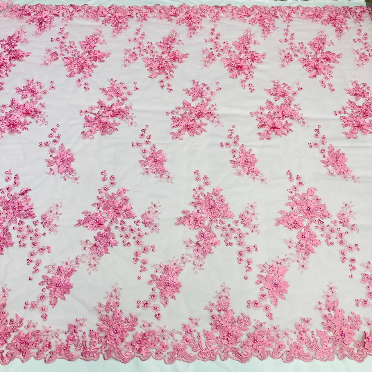 1 Yard Beaded Rhinestone 3D Floral Lace Fabric Embroidered Mesh Gown 52" Width